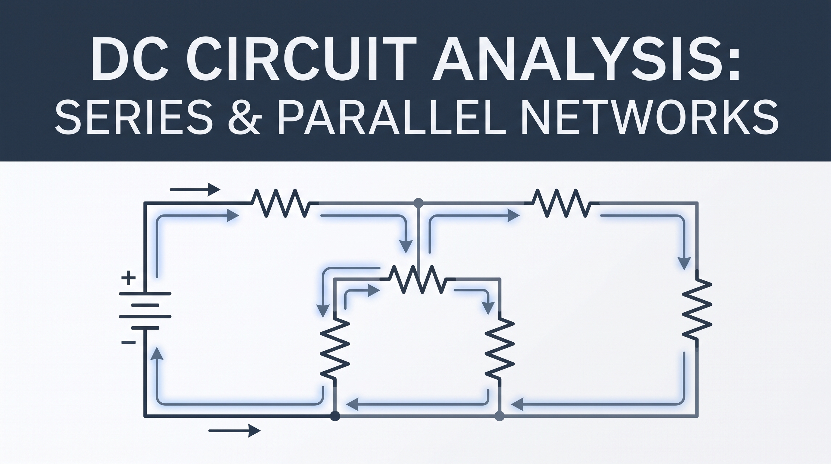 DC Circuit Analysis illustrating series and parallel resistor networks connected to a DC power source