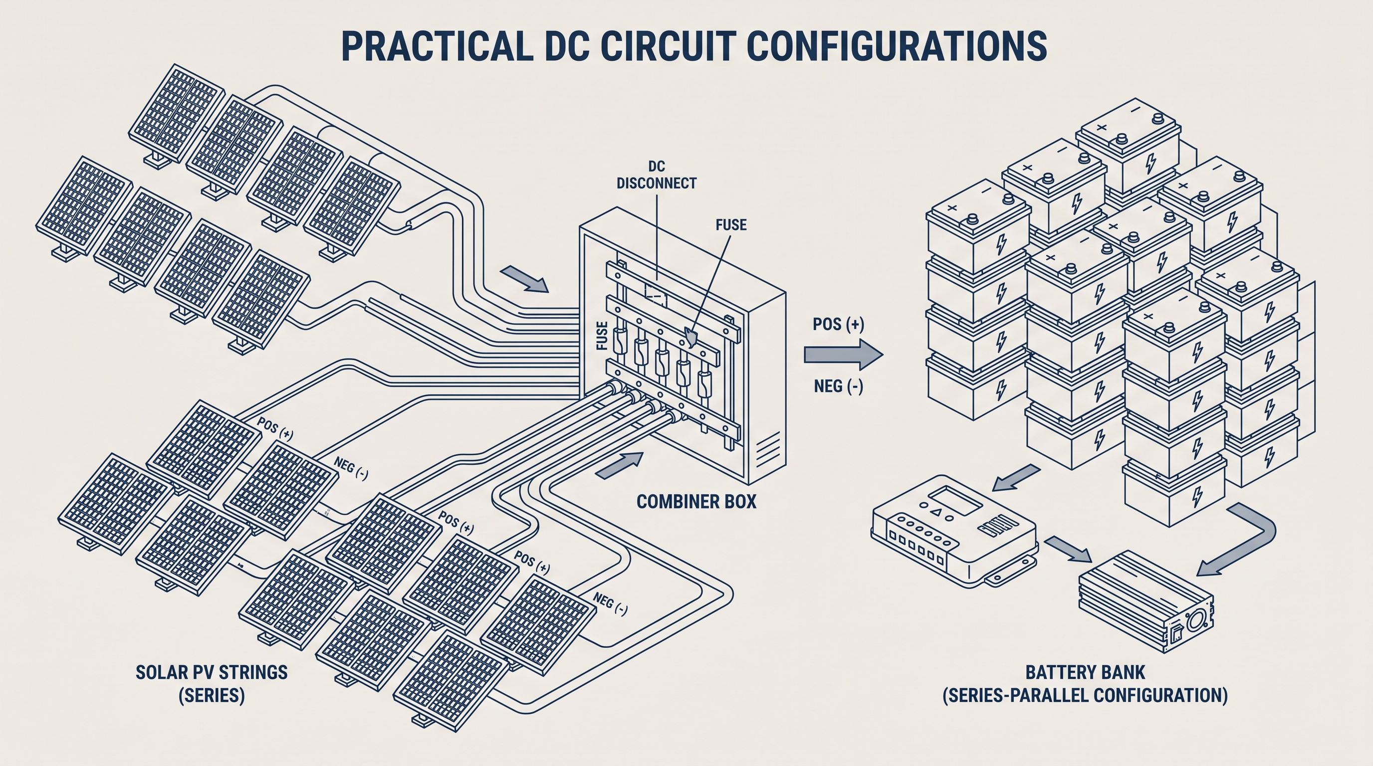 Practical engineering applications of series and parallel circuits in solar PV strings and battery energy storage banks