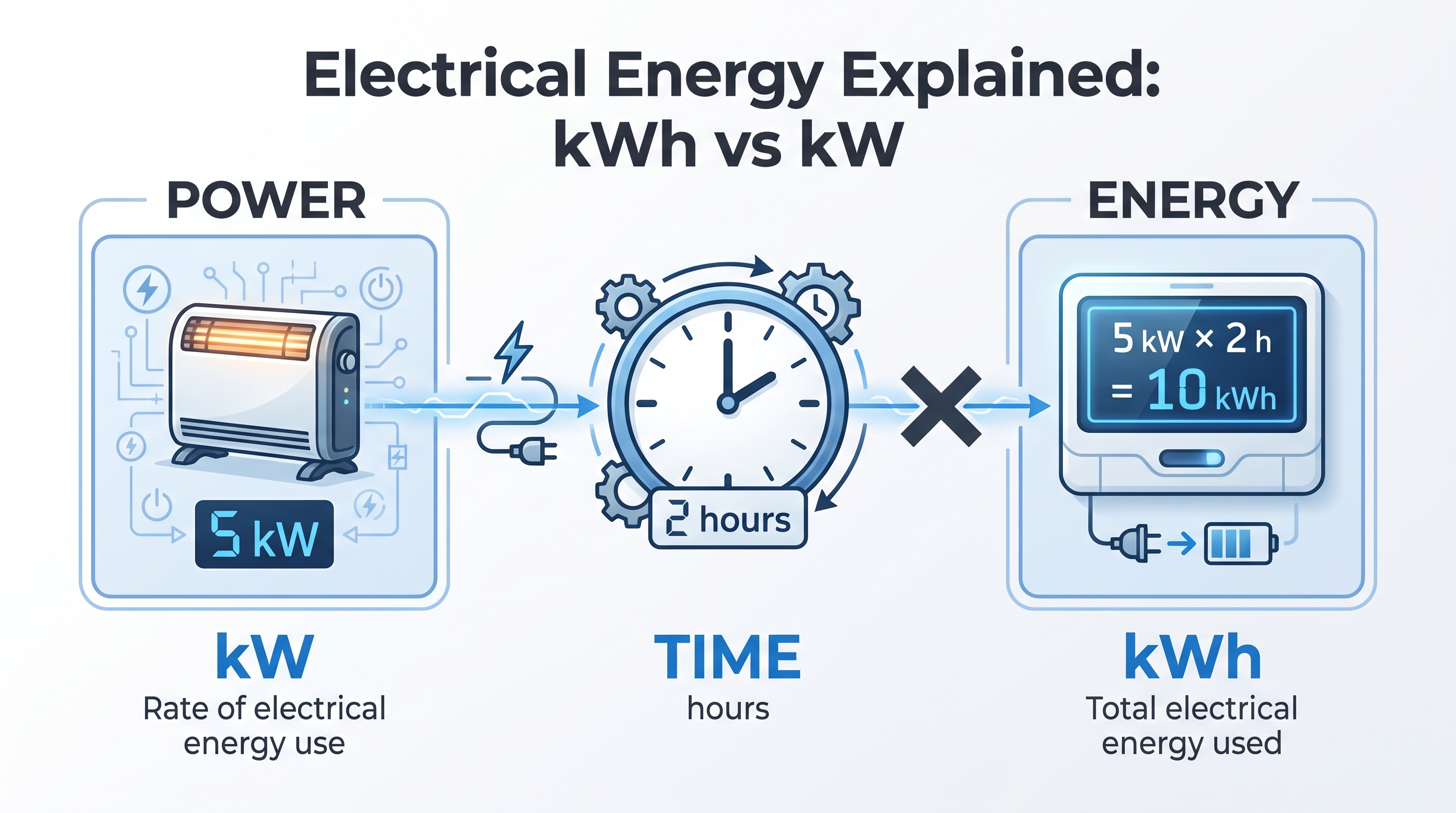 Electrical energy explained showing the difference between kW and kWh