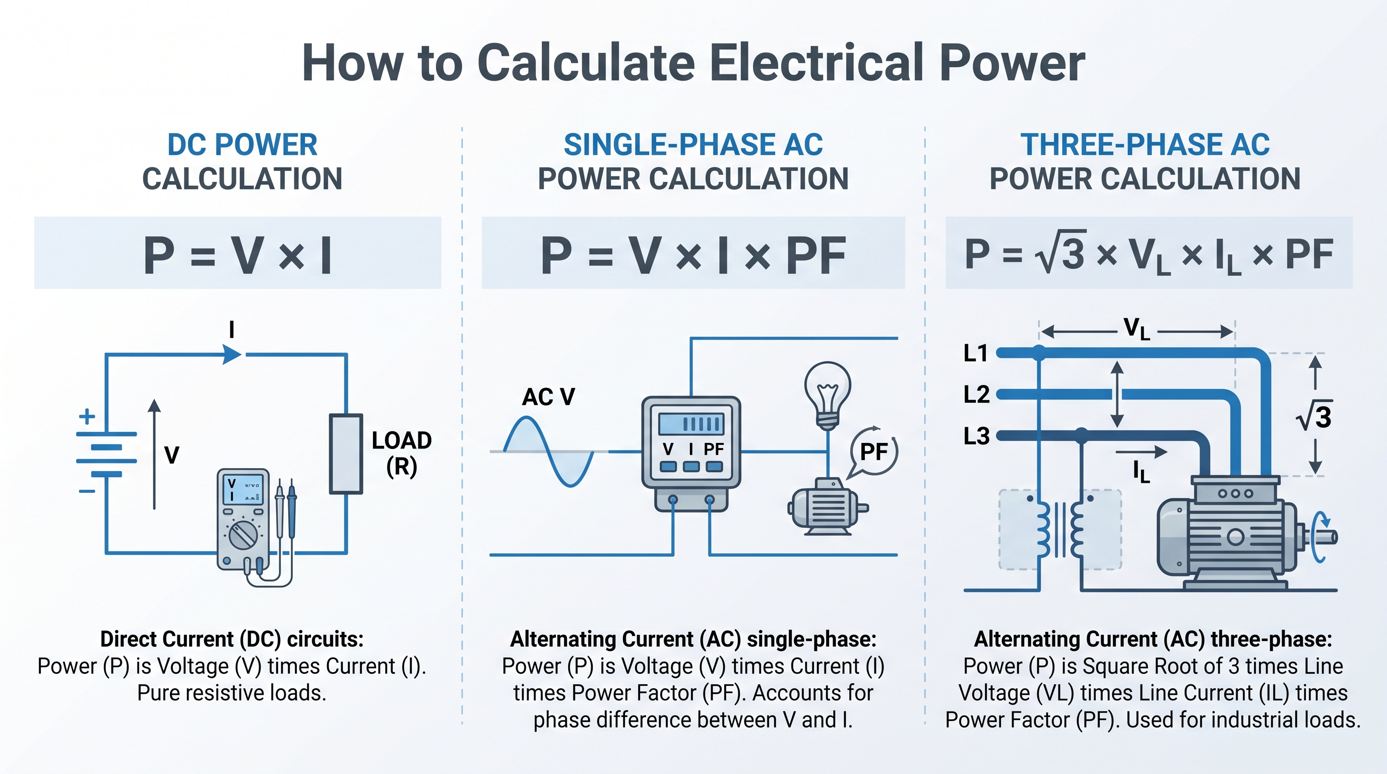 Electrical power calculation formulas for DC, single-phase AC and three-phase AC systems