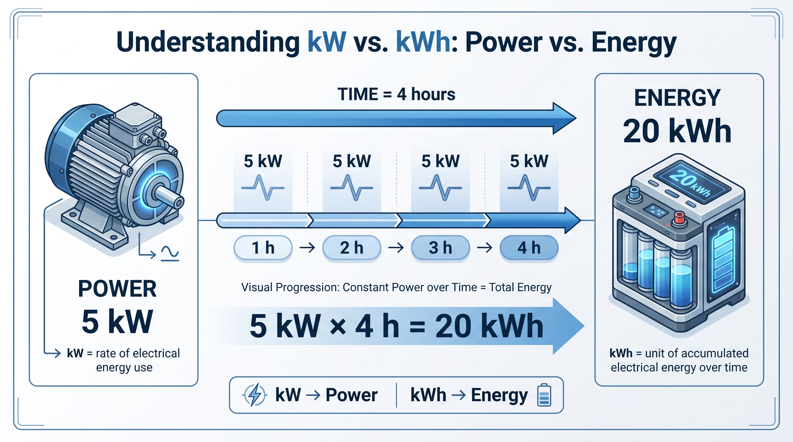 Technical diagram comparing kilowatt power with kilowatt-hour energy using a 5 kW load operating for 4 hours to produce 20 kWh