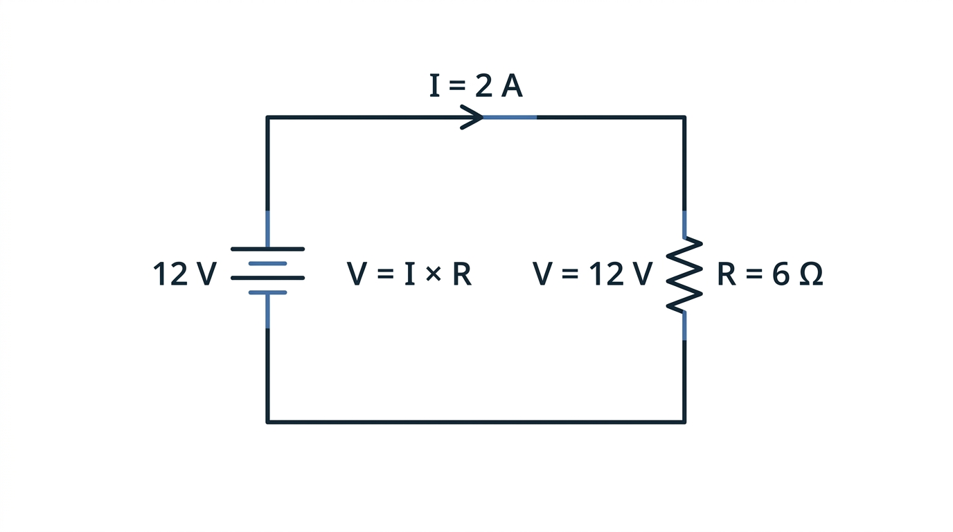 Simple 12 V electrical circuit showing a 6 ohm resistor and 2 ampere current to illustrate Ohm's Law