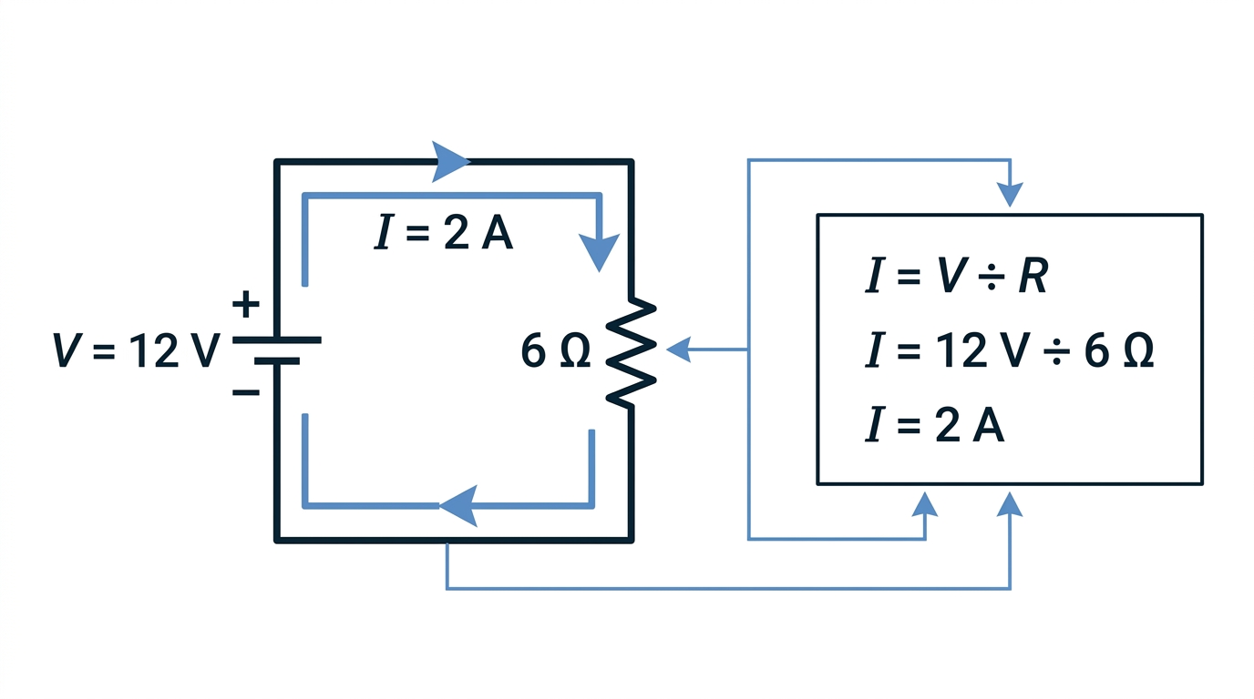 Practical Ohm's Law example showing a 12 volt supply, 6 ohm resistor and 2 ampere current