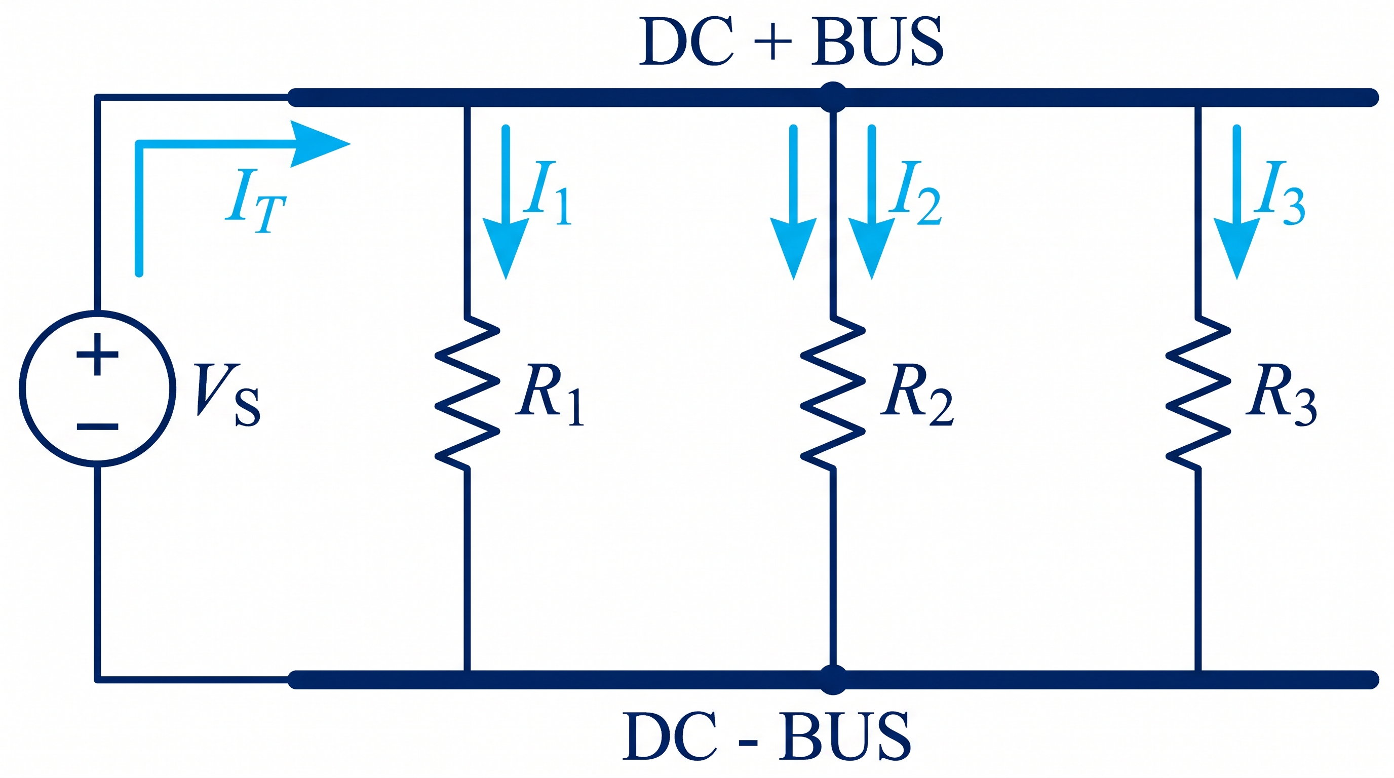 Parallel circuit diagram showing three resistor branches connected across a common DC source
