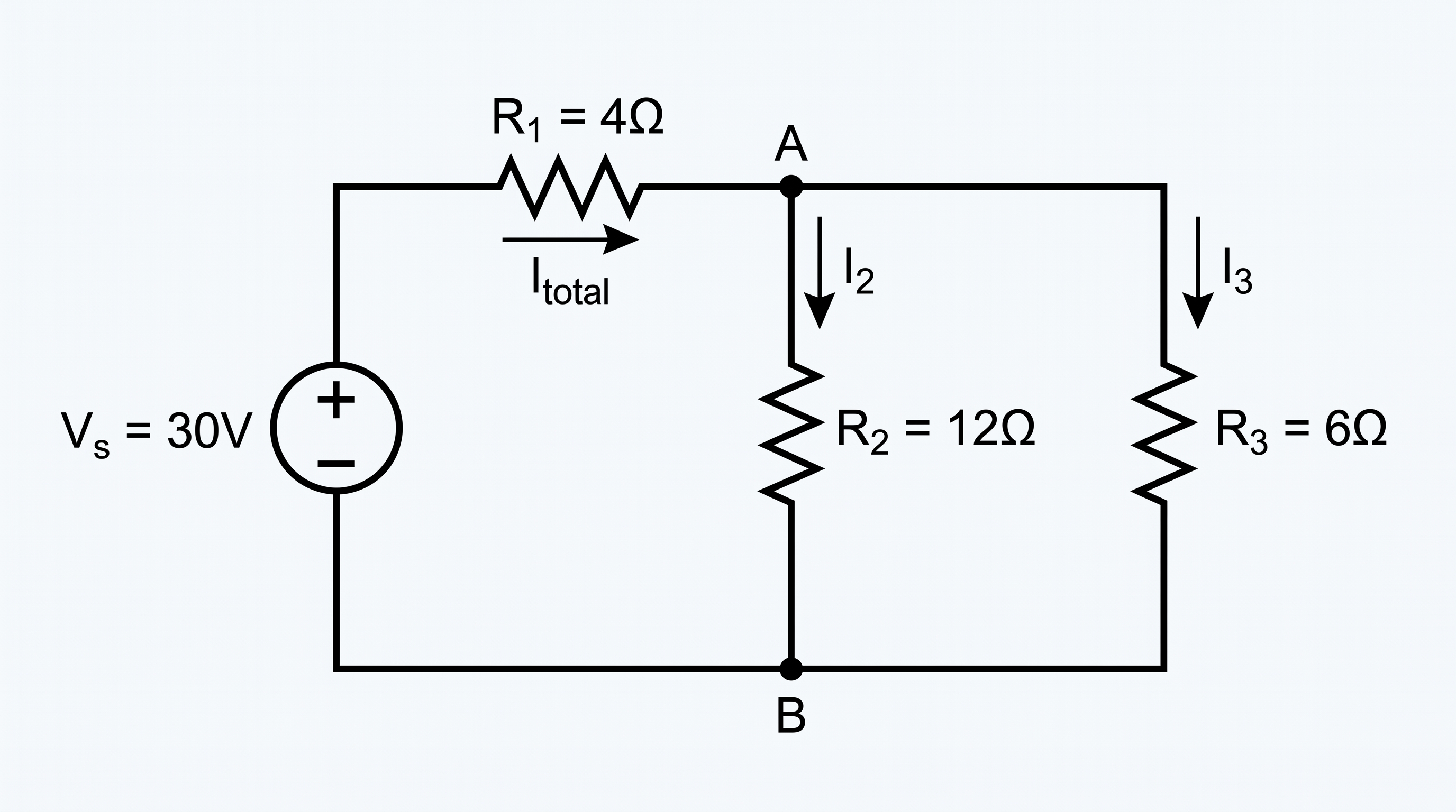 Series-parallel combination circuit diagram with a 30V source, series resistor R1, and parallel pair R2 and R3