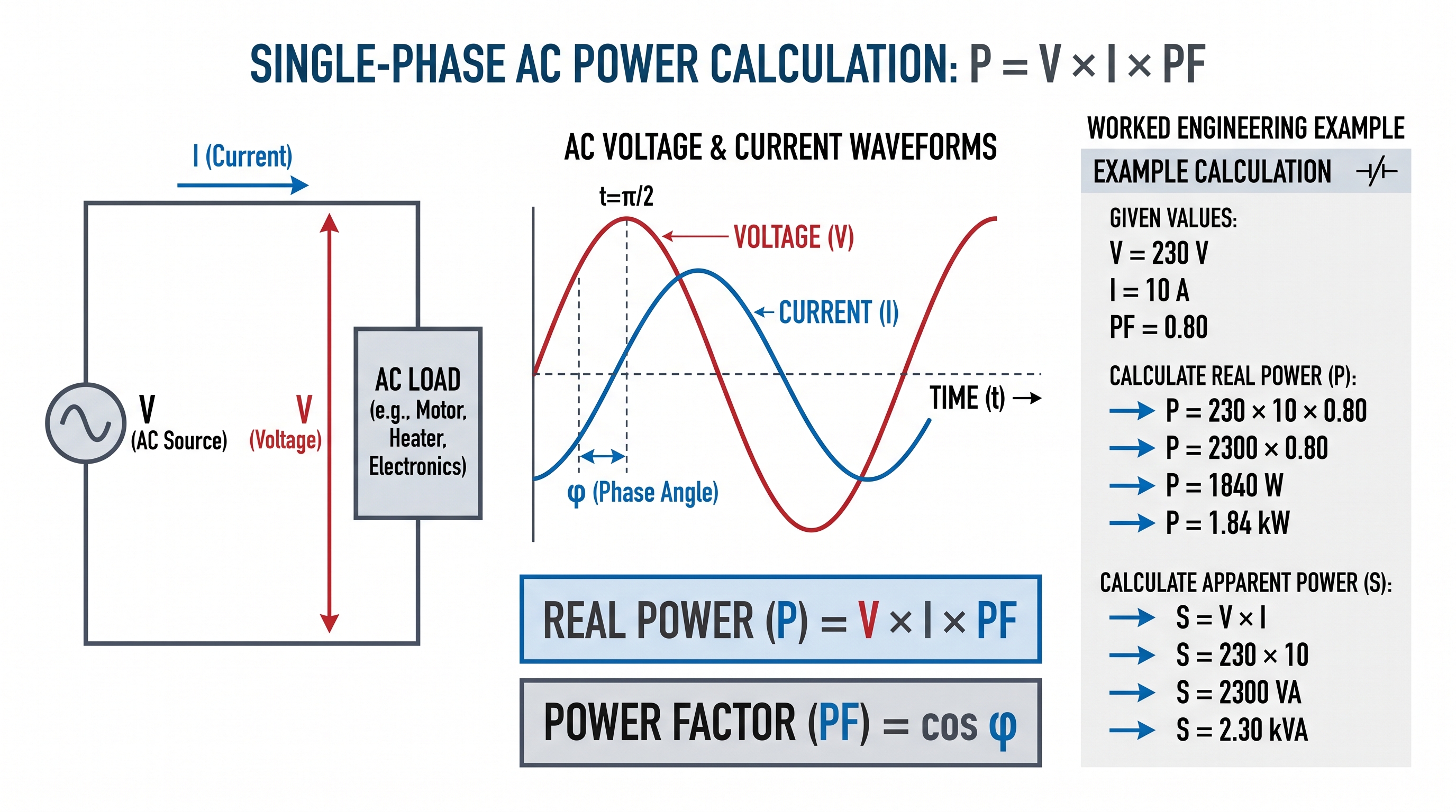 Single-phase AC power calculation using voltage current and power factor