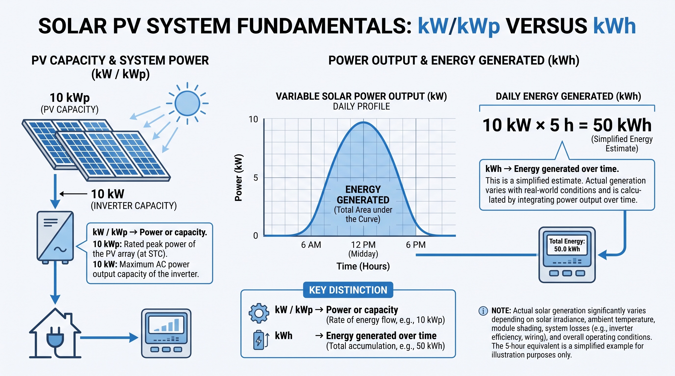 Solar PV diagram showing a 10 kWp system producing daily energy in kWh through variable solar power generation