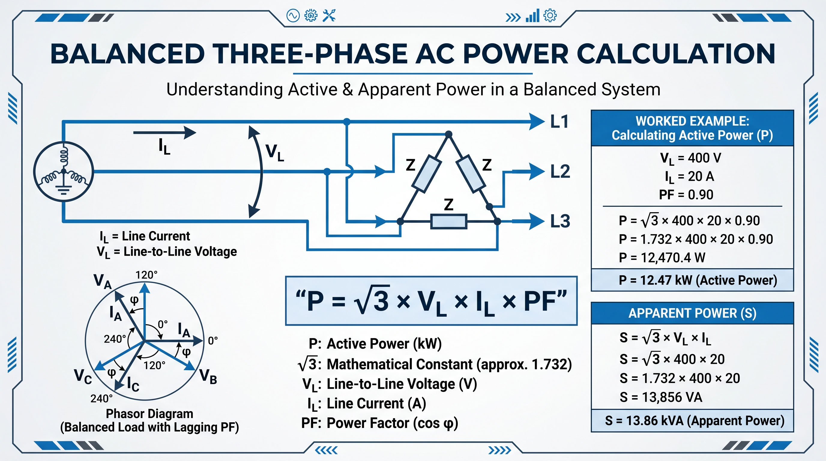 Three-phase electrical power calculation using line voltage line current and power factor