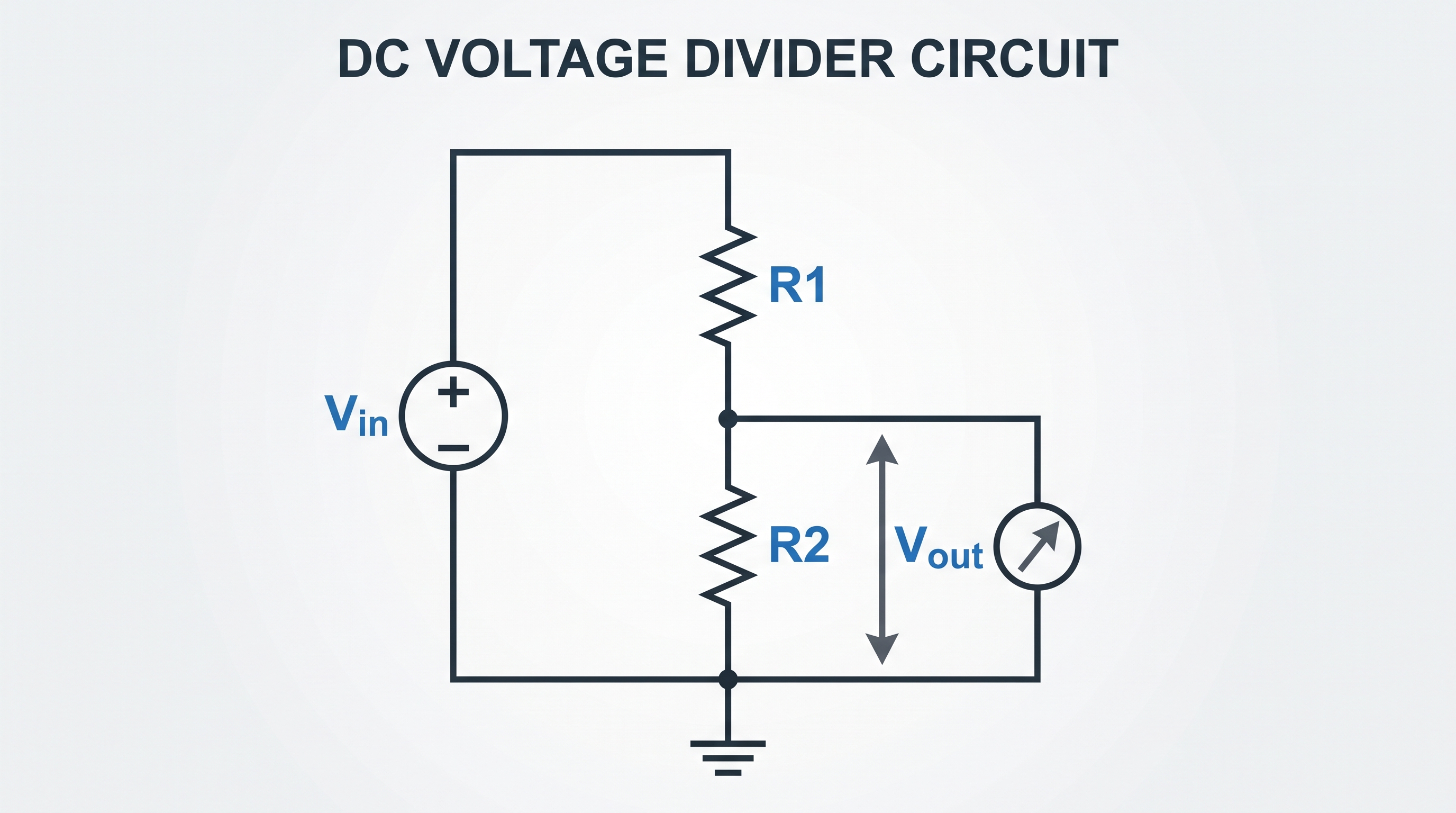 Voltage divider circuit diagram showing two series resistors dividing an input voltage