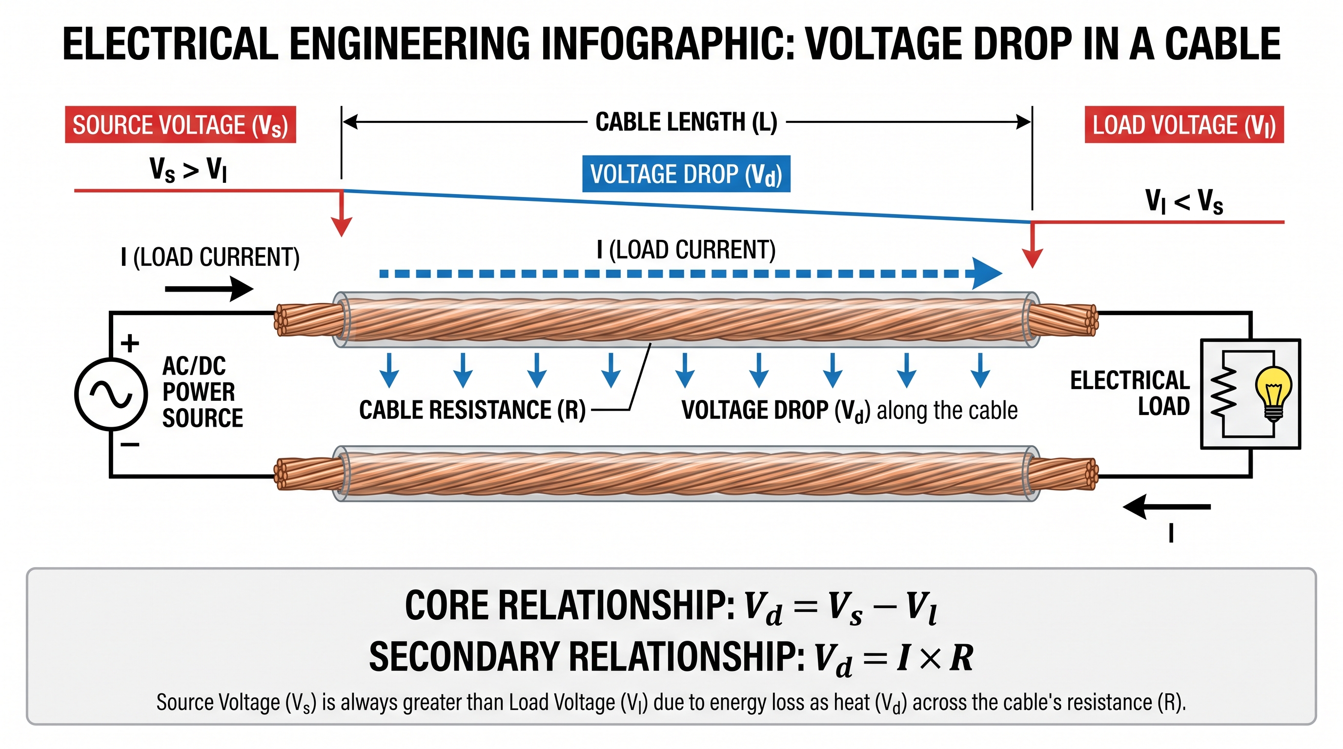 Voltage drop calculation in an electrical cable showing current, cable resistance and voltage loss